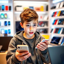 A teenage boy enthusiastically exploring the latest mobile technology and electronics, surrounded by various gadgets like smartphones, tablets, and laptops