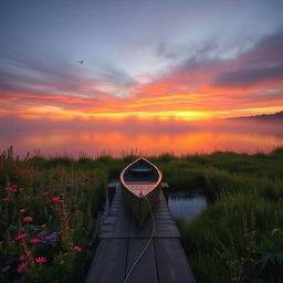 A serene landscape at sunrise overlooking a tranquil lake, surrounded by lush greenery and colorful wildflowers