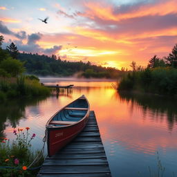 A serene landscape at sunrise overlooking a tranquil lake, surrounded by lush greenery and colorful wildflowers