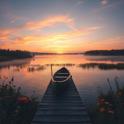 A serene landscape at sunrise overlooking a tranquil lake, surrounded by lush greenery and colorful wildflowers