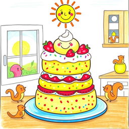 A whimsical, child-like drawing of a breakfast cake, featuring bright and cheerful colors