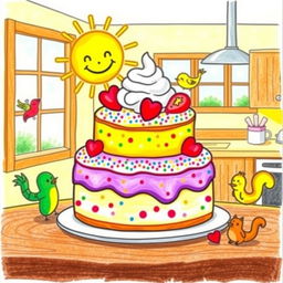 A whimsical, child-like drawing of a breakfast cake, featuring bright and cheerful colors
