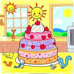 A whimsical, child-like drawing of a breakfast cake, featuring bright and cheerful colors
