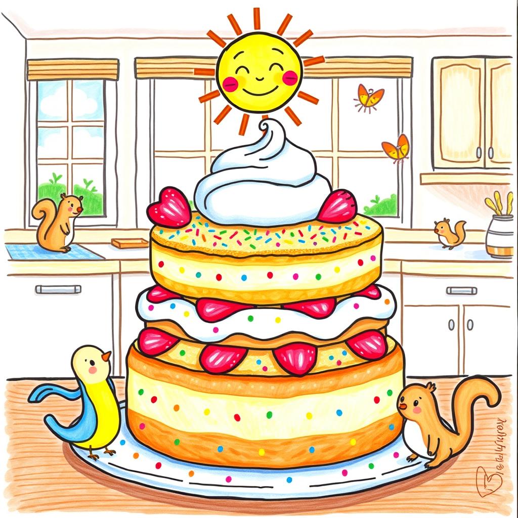 A whimsical, child-like drawing of a breakfast cake, featuring bright and cheerful colors