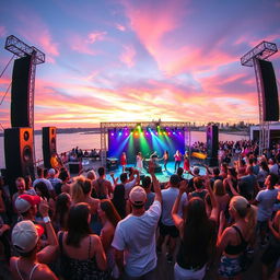 A vibrant and colorful outdoor show deck featuring a variety of musical performances