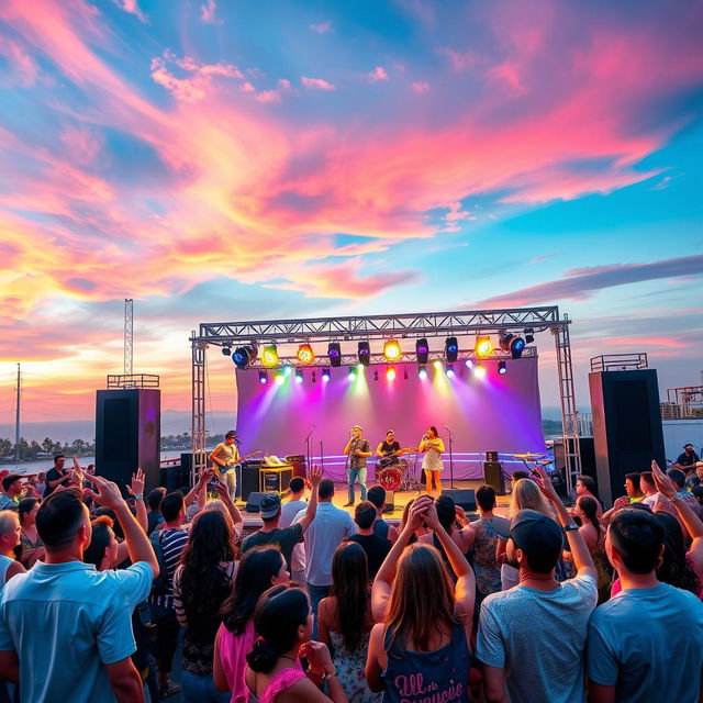 A vibrant and colorful outdoor show deck featuring a variety of musical performances