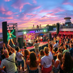 A vibrant and colorful outdoor show deck featuring a variety of musical performances
