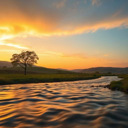 A serene landscape with a golden sunset casting warm tones over a peaceful countryside