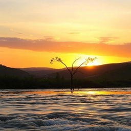 A serene landscape with a golden sunset casting warm tones over a peaceful countryside