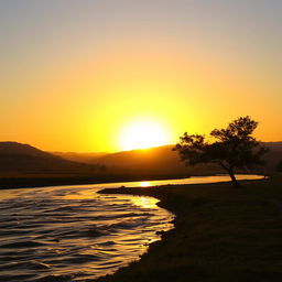 A serene landscape with a golden sunset casting warm tones over a peaceful countryside