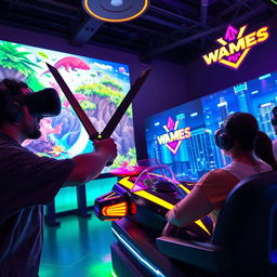 A vibrant and exciting virtual reality gaming scene featuring players immersed in various VR games