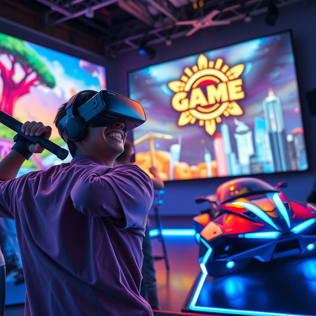 A vibrant and exciting virtual reality gaming scene featuring players immersed in various VR games