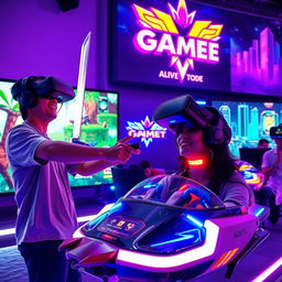 A vibrant and exciting virtual reality gaming scene featuring players immersed in various VR games