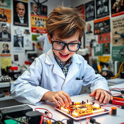 A young boy dressed in a lab coat, enthusiastically working on an electronic engineering project