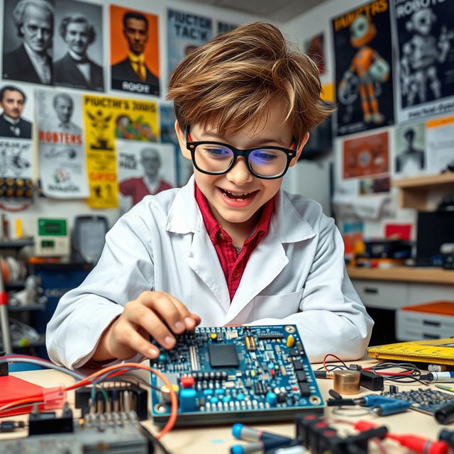 A young boy dressed in a lab coat, enthusiastically working on an electronic engineering project