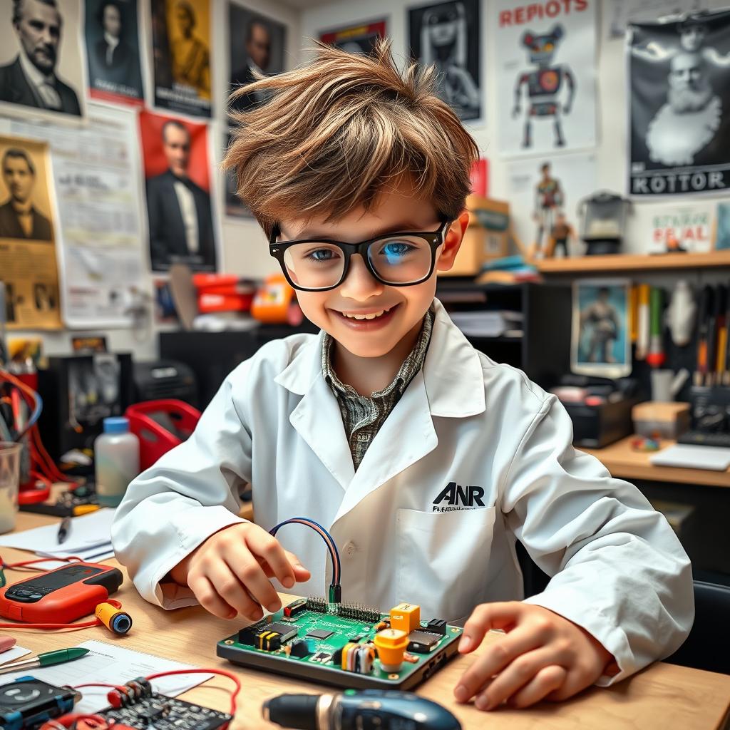 A young boy dressed in a lab coat, enthusiastically working on an electronic engineering project