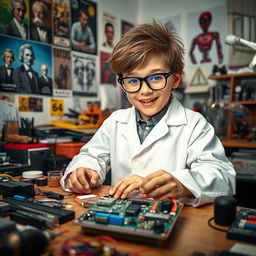 A young boy dressed in a lab coat, enthusiastically working on an electronic engineering project