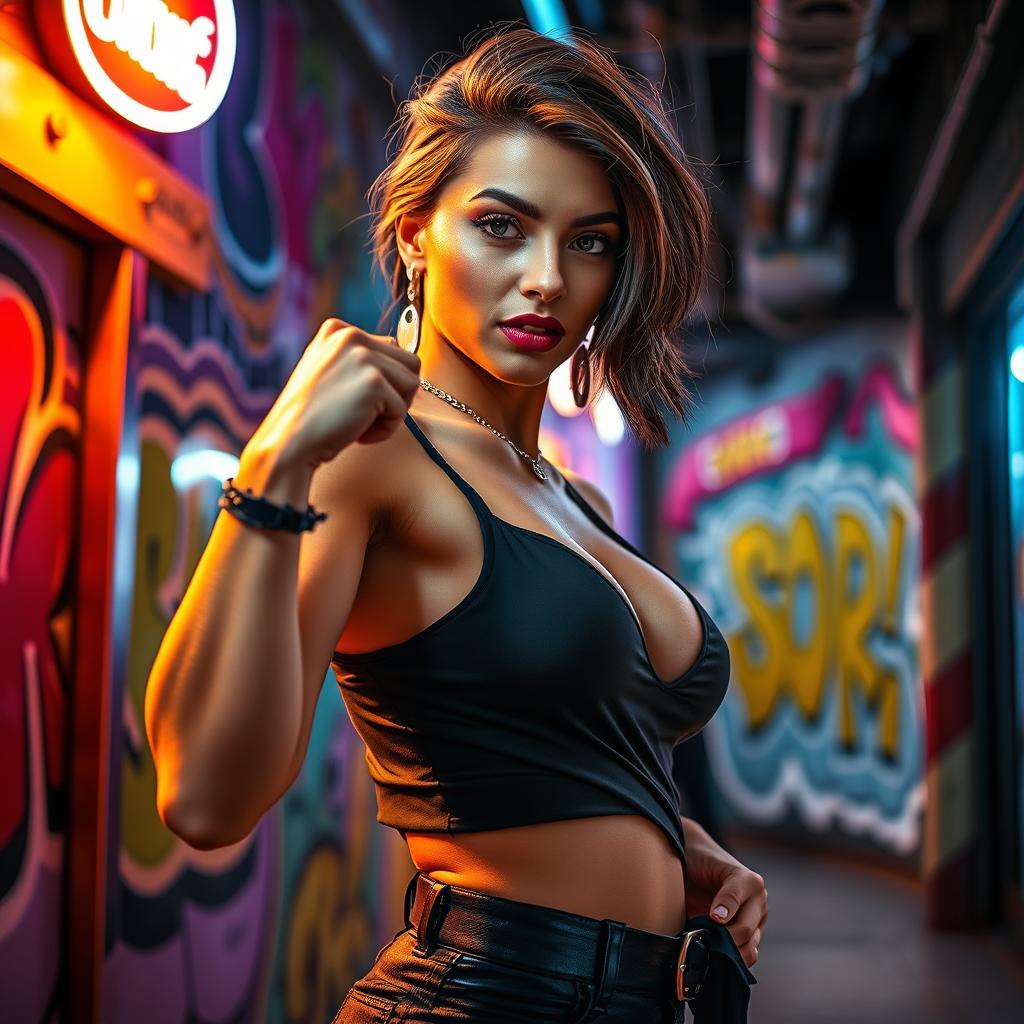 A vibrant, artistic interpretation of a confident, attractive woman in a modern urban setting, exuding empowerment and allure