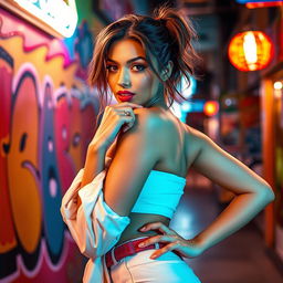 A vibrant, artistic interpretation of a confident, attractive woman in a modern urban setting, exuding empowerment and allure