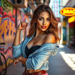 A vibrant, artistic interpretation of a confident, attractive woman in a modern urban setting, exuding empowerment and allure