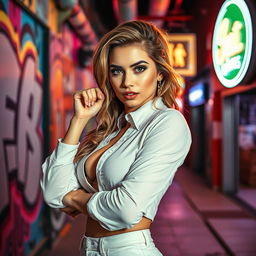 A vibrant, artistic interpretation of a confident, attractive woman in a modern urban setting, exuding empowerment and allure