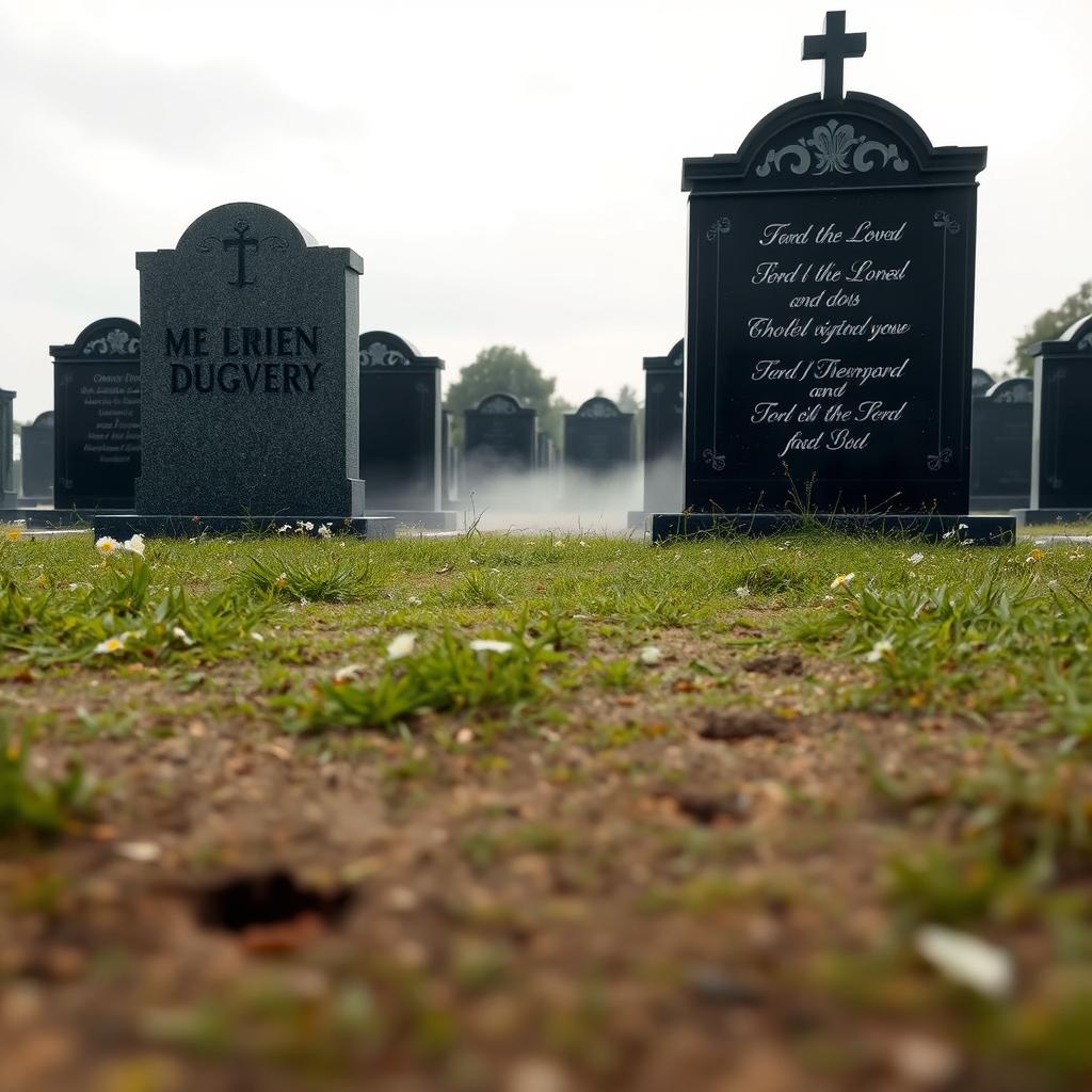 In a serene and somber atmosphere, a grave decorated with elegant headstones under a soft, overcast sky