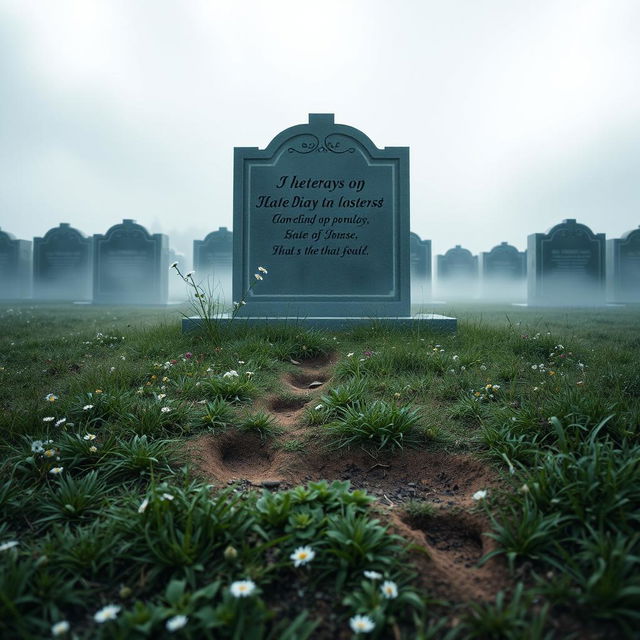 In a serene and somber atmosphere, a grave decorated with elegant headstones under a soft, overcast sky