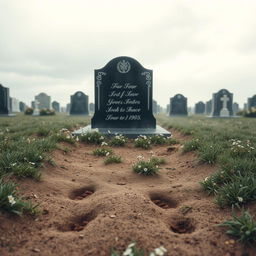 In a serene and somber atmosphere, a grave decorated with elegant headstones under a soft, overcast sky