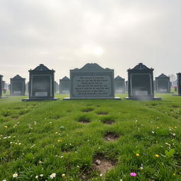 In a serene and somber atmosphere, a grave decorated with elegant headstones under a soft, overcast sky