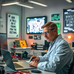 A portrait of an electronic engineer in a modern workspace, surrounded by circuit boards, tools, and a laptop