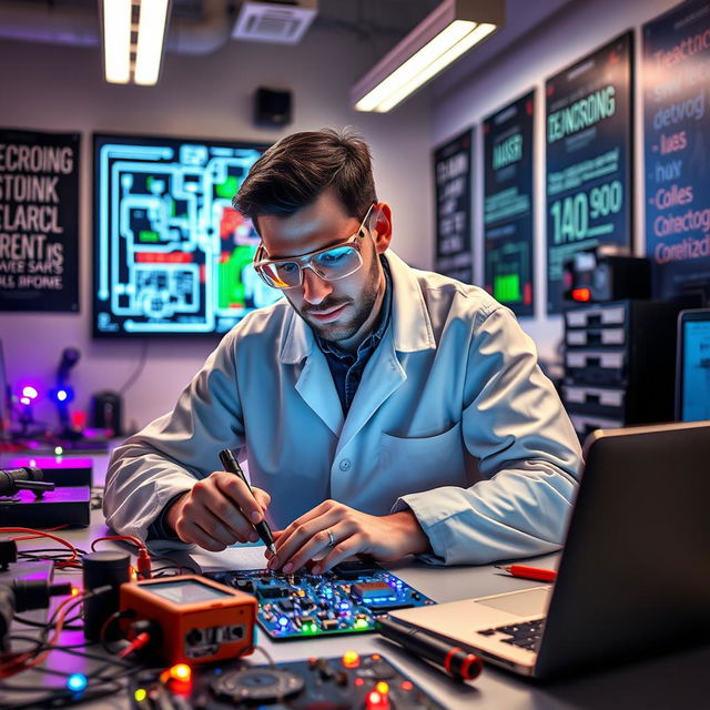 A portrait of an electronic engineer in a modern workspace, surrounded by circuit boards, tools, and a laptop