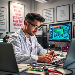 A portrait of an electronic engineer in a modern workspace, surrounded by circuit boards, tools, and a laptop
