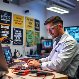 A portrait of an electronic engineer in a modern workspace, surrounded by circuit boards, tools, and a laptop