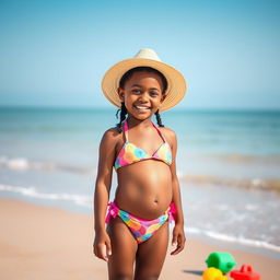 A beautiful, confident young black girl wearing a vibrant bikini, standing on a sunny beach