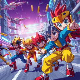 A vibrant and dynamic scene from a high-energy anime video, showcasing colorful characters engaged in an intense battle