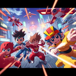 A vibrant and dynamic scene from a high-energy anime video, showcasing colorful characters engaged in an intense battle