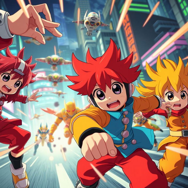 A vibrant and dynamic scene from a high-energy anime video, showcasing colorful characters engaged in an intense battle