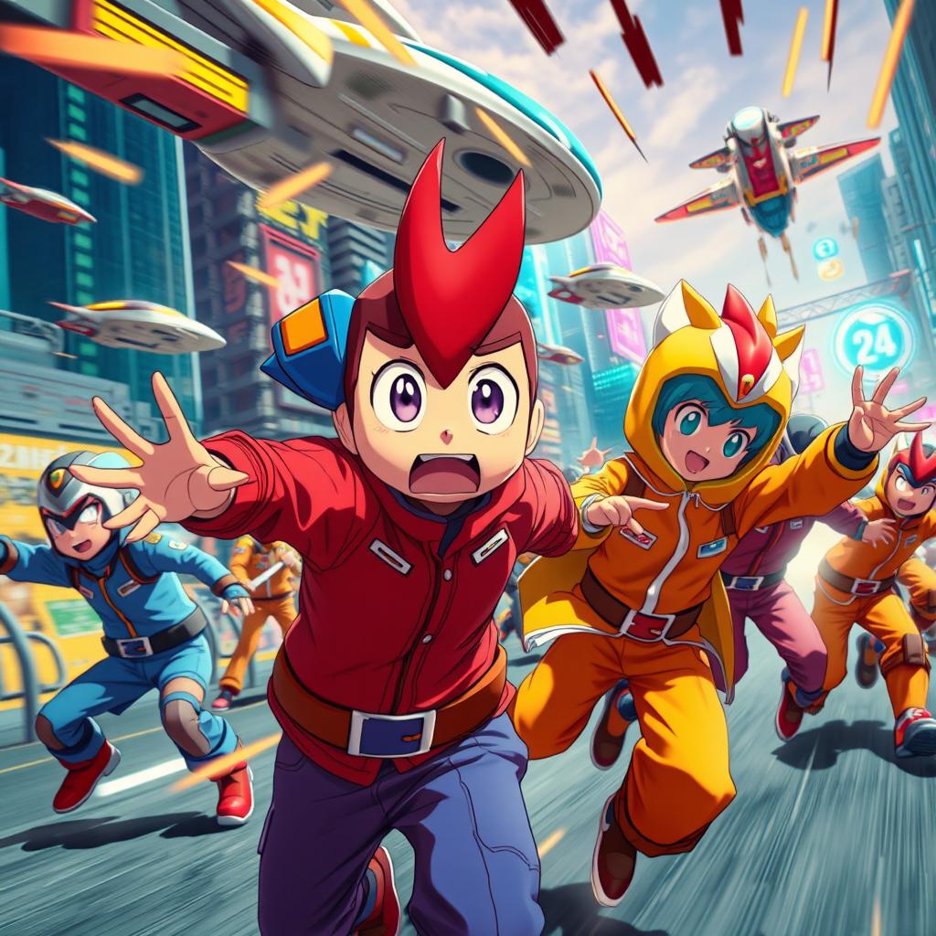 A vibrant and dynamic scene from a high-energy anime video, showcasing colorful characters engaged in an intense battle