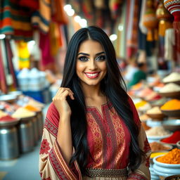 An attractive Arab woman confidently posing in traditional attire with modern flair