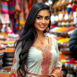 An attractive Arab woman confidently posing in traditional attire with modern flair