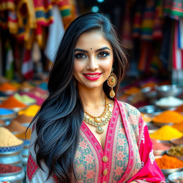 An attractive Arab woman confidently posing in traditional attire with modern flair