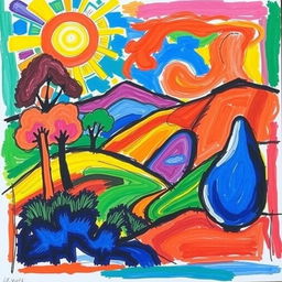 A vibrant Fauvism-style drawing on canvas, featuring bold and bright colors