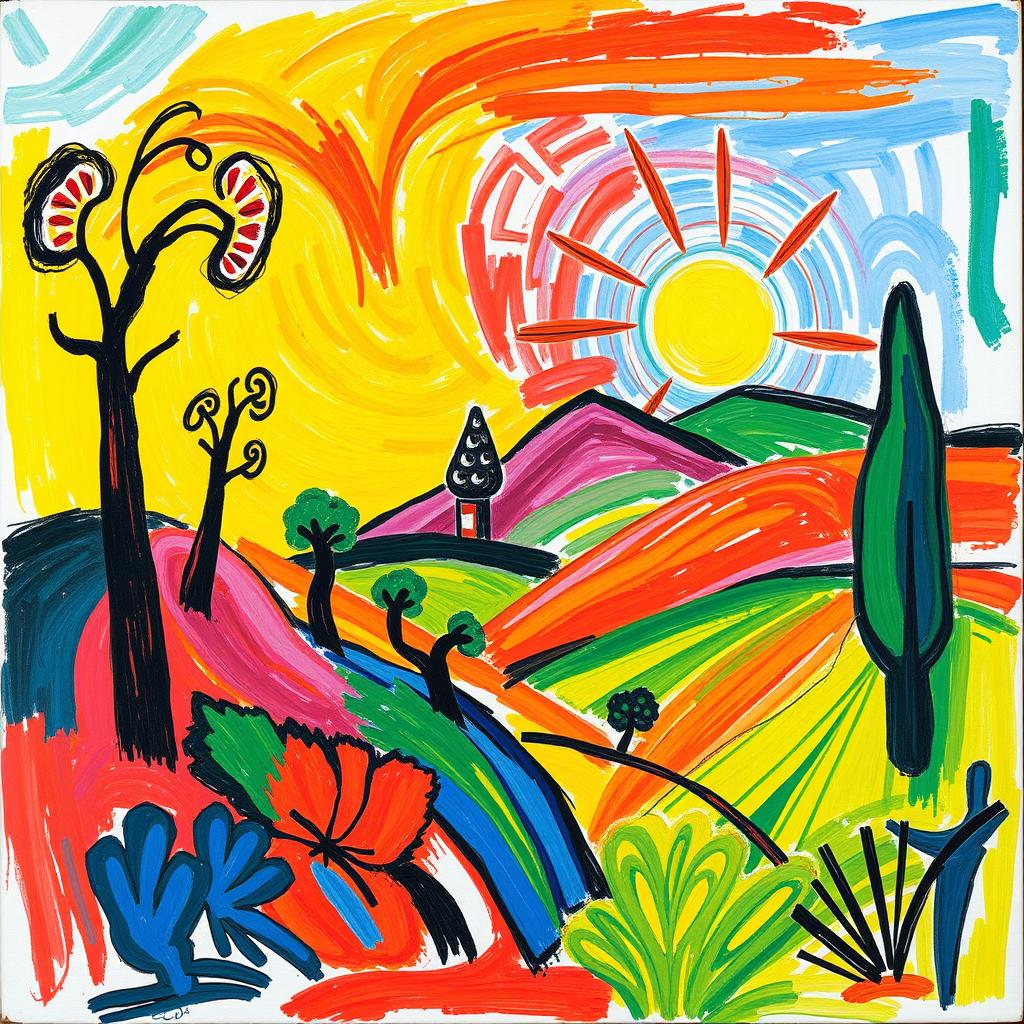 A vibrant Fauvism-style drawing on canvas, featuring bold and bright colors