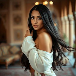 A beautiful young Arab woman with long, flowing black hair and olive skin, posing elegantly in a tasteful artistic setting