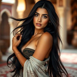 A beautiful young Arab woman with long, flowing black hair and olive skin, posing elegantly in a tasteful artistic setting