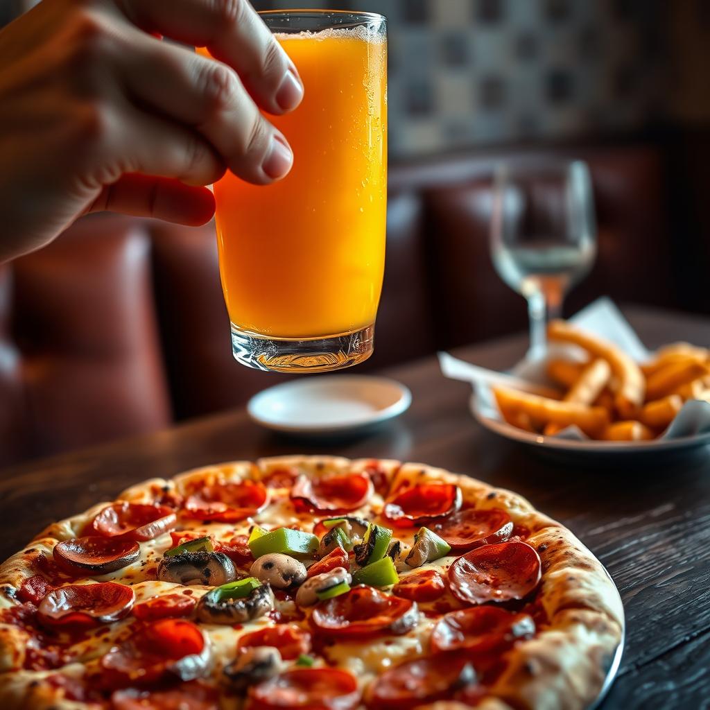 A close-up of a hand holding a tall glass of vibrant orange juice, with droplets of condensation on the glass