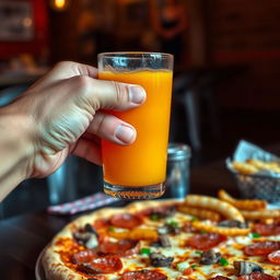 A close-up of a hand holding a tall glass of vibrant orange juice, with droplets of condensation on the glass