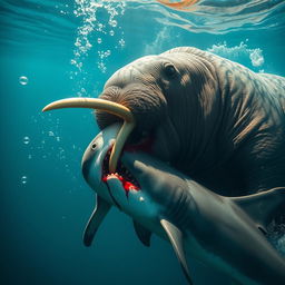 A giant, dangerous walrus aggressively attacking and biting a shark under the ocean