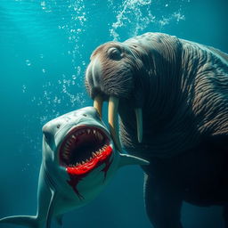 A giant, dangerous walrus aggressively attacking and biting a shark under the ocean
