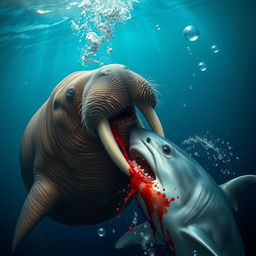 A giant, dangerous walrus aggressively attacking and biting a shark under the ocean